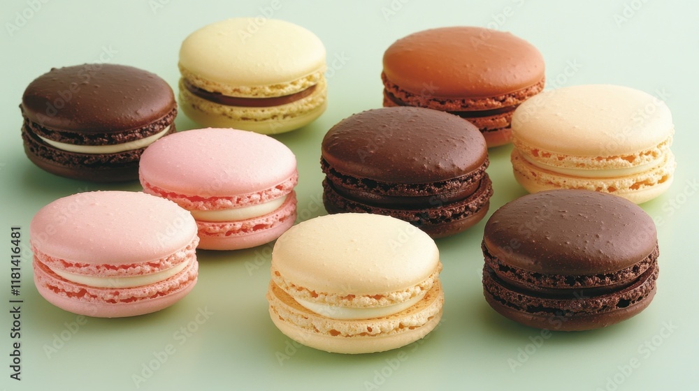 A stack of colorful macarons on a mint green background, evoking elegance A stack of colorful macarons on a mint green background, evoking elegance