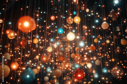 Colorful hanging lights create a mesmerizing display in a modern indoor space