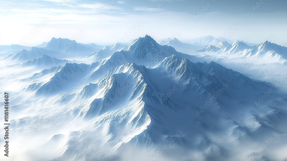 Obraz premium A majestic mountain range shrouded in mist, with snow-covered peaks reaching towards the sky