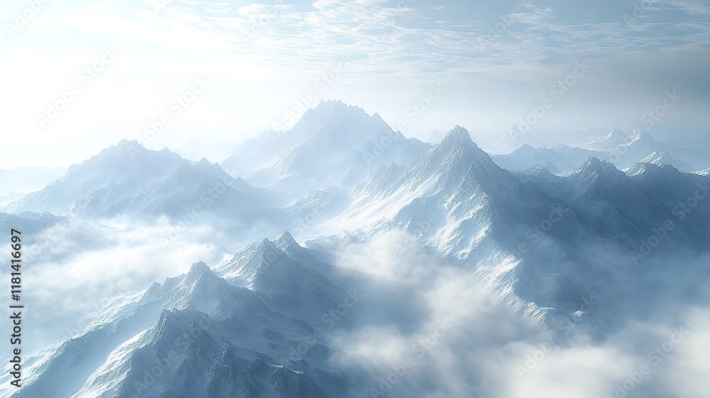 Obraz premium A majestic mountain range shrouded in mist, with snow-covered peaks reaching towards the sky