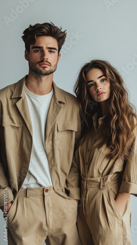 Couple posing together in casual attire with a bright background during daytime