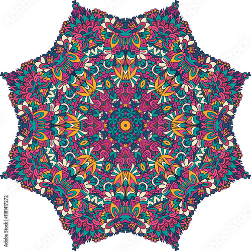 Abstract colorful Medallion ethnic geometric mandala background. Psychedelic mexican art