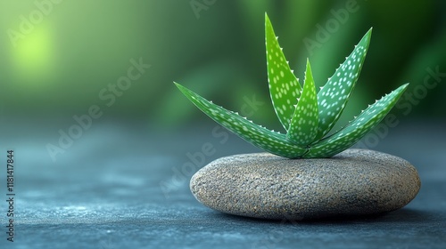 Natural stone with green plant on a smooth surface in a minimalist setting