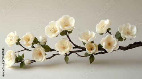 Beautiful white blossoms on branches against a textured pale background in a ...