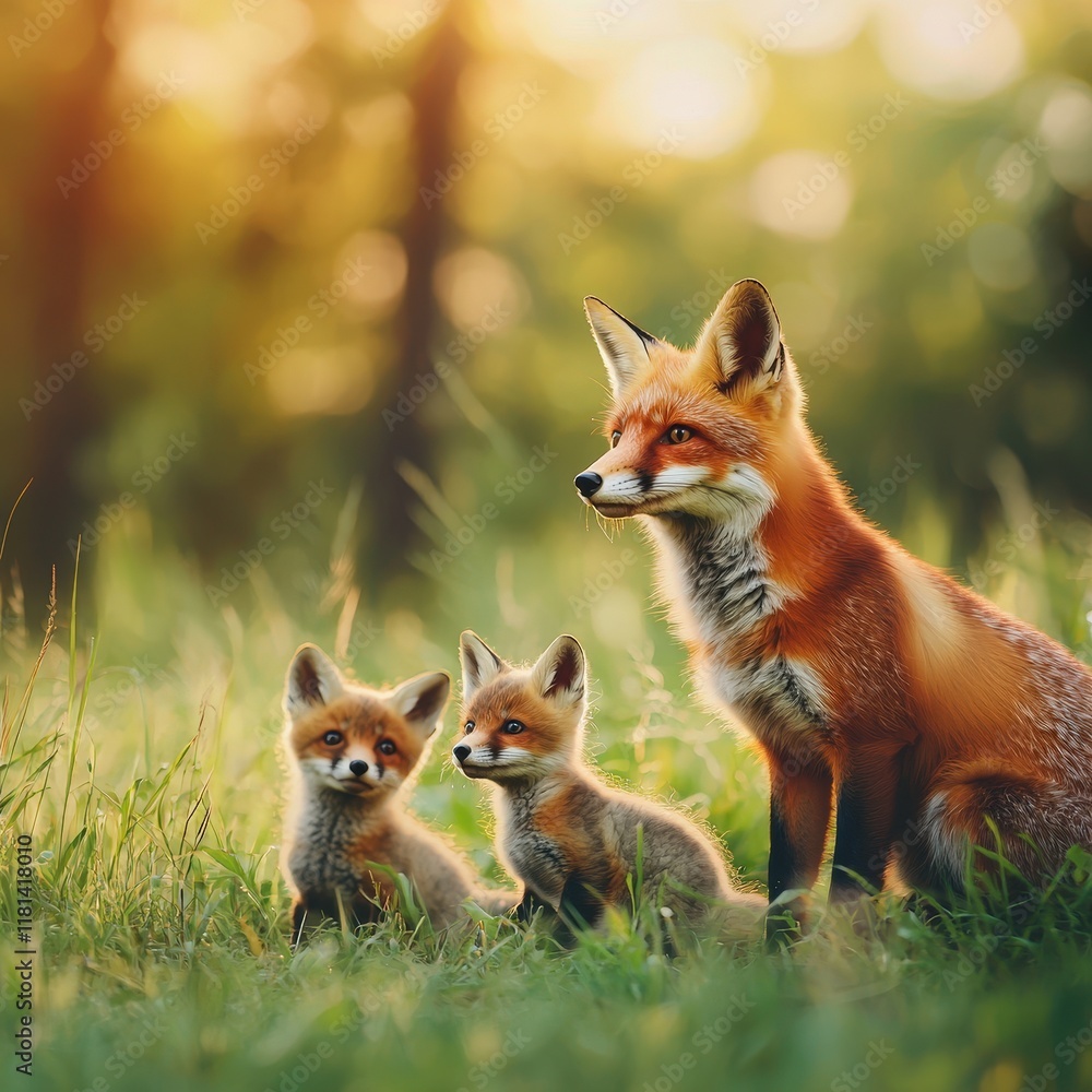 Fototapeta premium A fox teaching her kits to hunt in an open meadow.