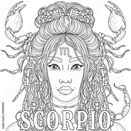 Scorpio Woman.Astrological Zodiac Sign.Coloring book antistress for children and adults. 