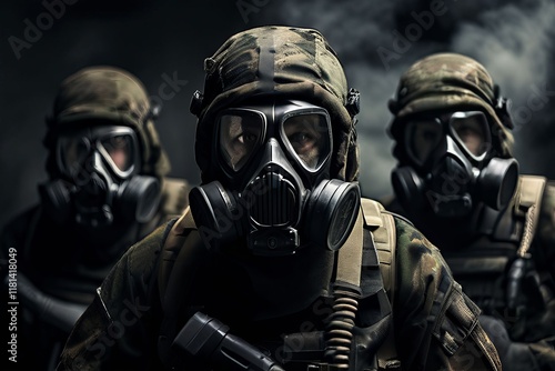 military personnel with gas mask inhaling