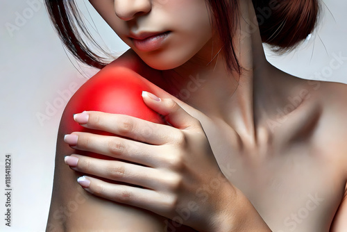 Young woman having shoulder pain and touch shoulder tip isolated white background, concept of health care lifestyle.