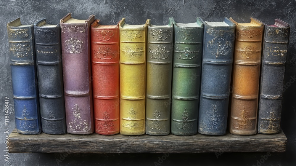 Colorful antique books on wooden shelf against textured gray wall