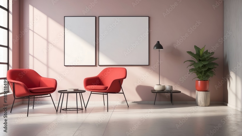 red wall background with chairs, and blank poster frame, minimal living room red wall background with chairs, and blank poster frame, minimal living room