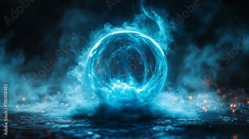 Magical blue orb surrounded by glowing mist in a dark environment at night