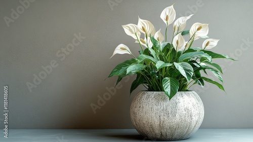 Indoor tropical plant in modern pot against textured gray wall, creating a se...