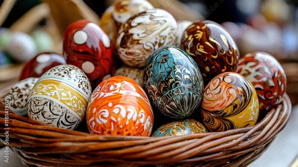 Fototapeta premium Exquisite Hand-Painted Decorative Eggs in a Woven Basket