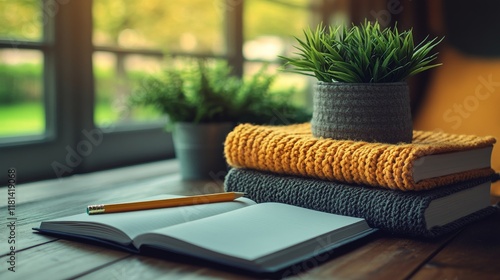 Cozy workspace with stacked books and greenery near a sunny window in a peace...
