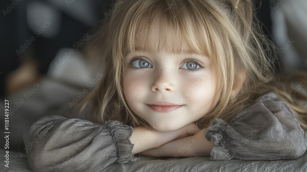 Enchanting portrait of a smiling girl with blue eyes and blonde hair in soft light Enchanting portrait of a smiling girl with blue eyes and blonde hair in soft light
