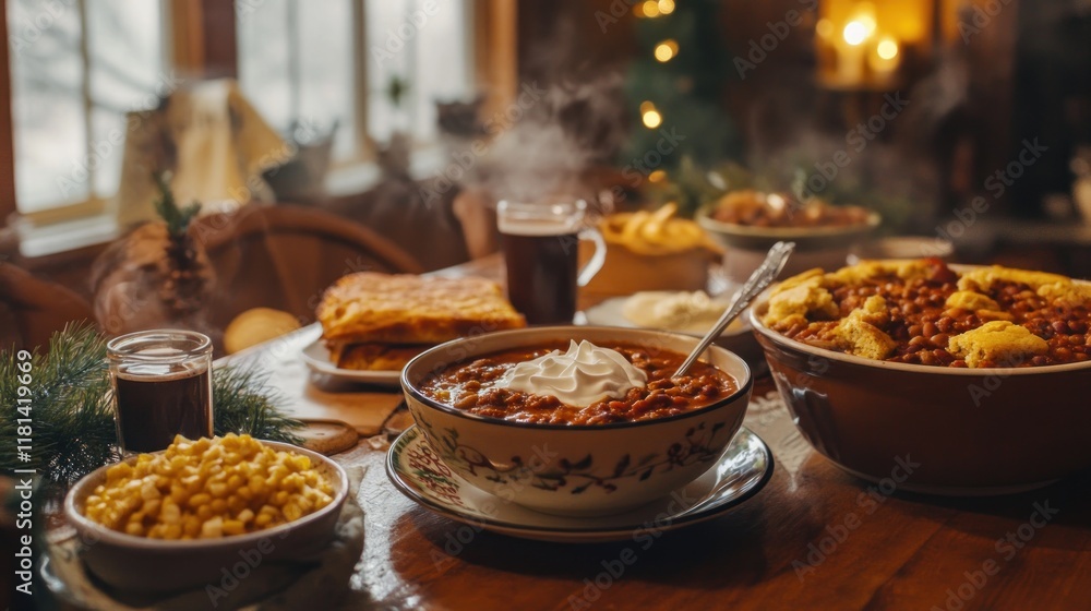 Cozy Cabin Christmas Feast: A Rustic Table Setting with Hearty Dishes Cozy Cabin Christmas Feast: A Rustic Table Setting with Hearty Dishes