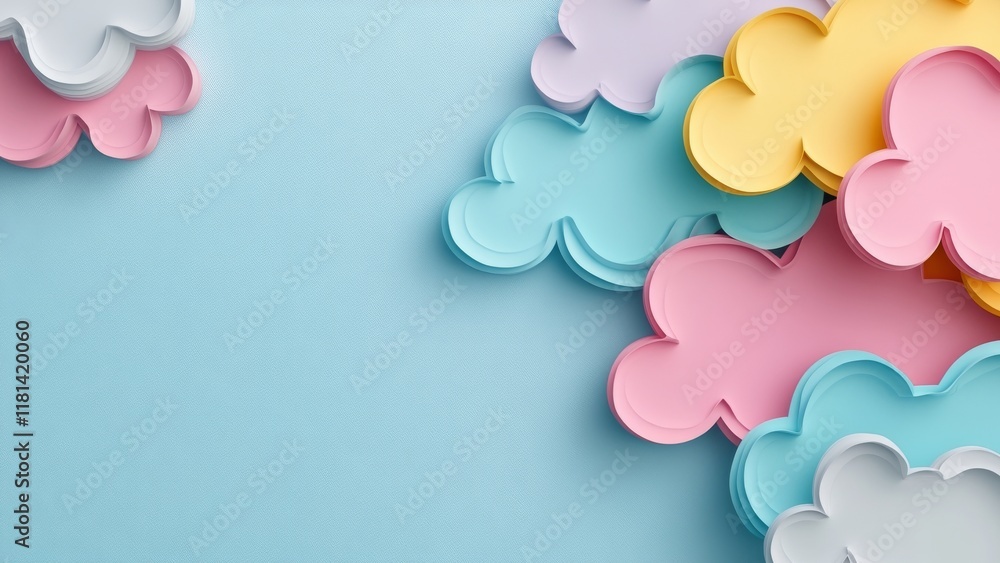 Colorful paper clouds against a light blue background