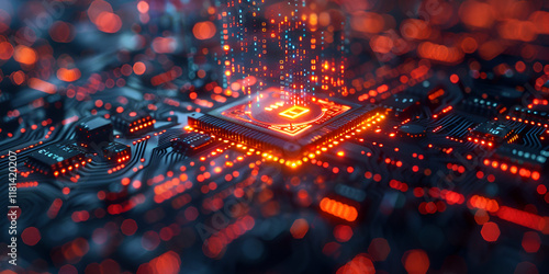 Glowing microchip on a futuristic digital circuit board, symbolizing advanced technology, innovation, and data processing.
