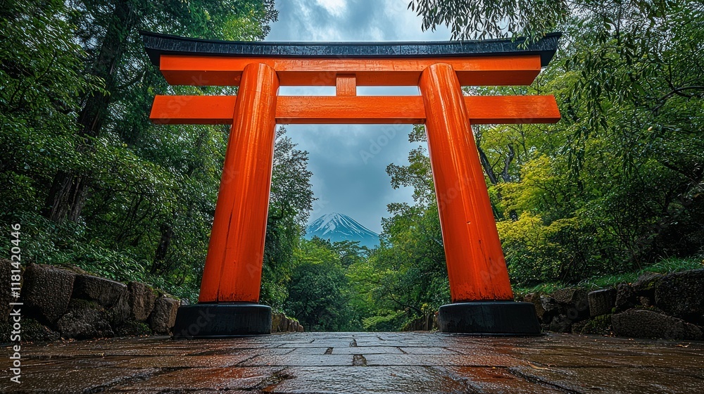 Majestic Torii Gate with Mount Fuji in the Background Majestic Torii Gate with Mount Fuji in the Background