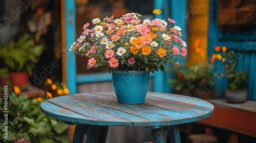 Colorful flower pot on a wooden table in a sunlit garden during the golden hour