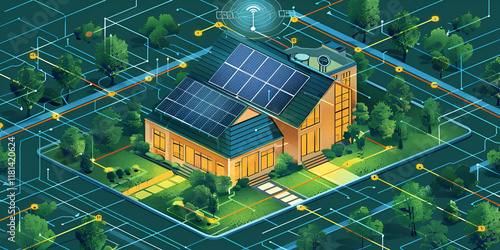 Eco-friendly smart home with solar panels and a connected network system, symbolizing sustainable living and renewable energy innovation.
