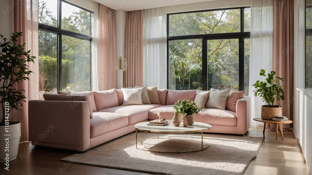 Fototapeta premium Cozy and inviting living room with pastel pink theme stylish couch large windows and fresh green plants creating a serene modern space Contemporary Interior Design Livingroom Inspiration