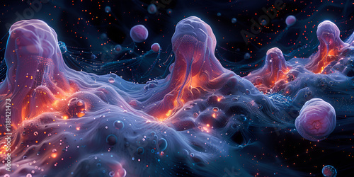 Microscopic view of a glowing biological structure with cosmic-like details, symbolizing microbiology, science, and innovation.
