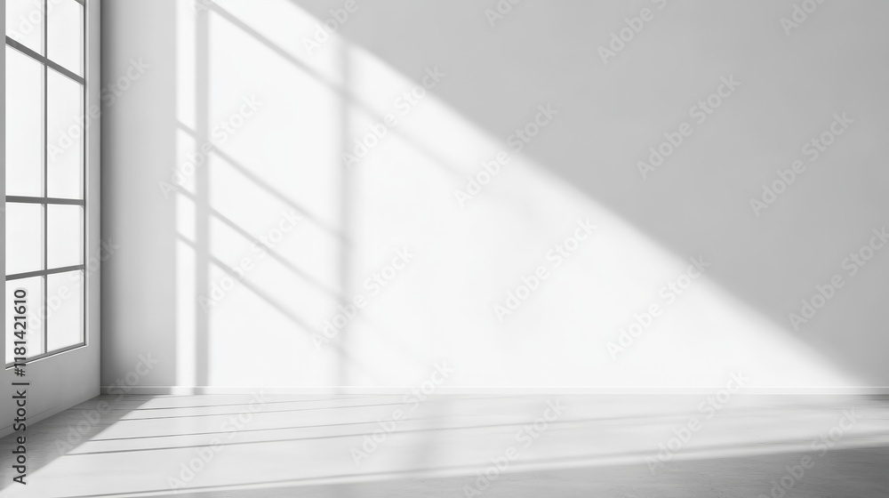 Sunlight streaming through a window, creating dramatic shadows on a blank wall and wooden floor in an empty room, providing a perfect backdrop for interior design concepts Sunlight streaming through a window, creating dramatic shadows on a blank wall and wooden floor in an empty room, providing a perfect backdrop for interior design concepts