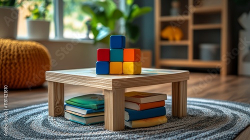 Cozy reading nook with colorful building blocks and stacked books surrounded ...