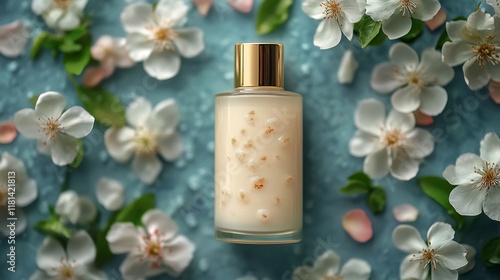 Elegant glass perfume bottle surrounded by delicate pink flowers in soft sunl...