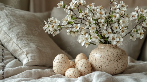 Fresh white eggs placed on soft fabric beside delicate white flowers on a neu...