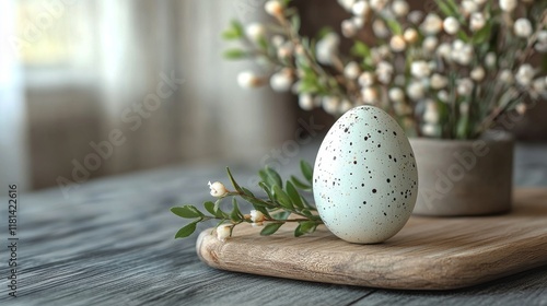 Fresh egg placed on a rustic wooden board alongside delicate white flowers an...