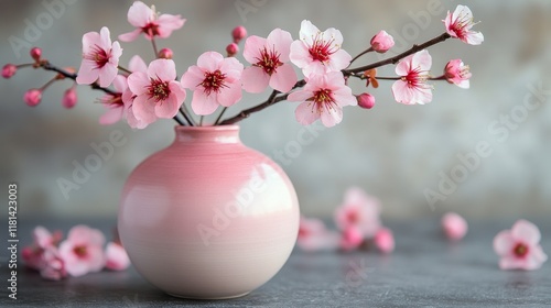 Cherry blossom branches in a vase on a wooden table against a textured wall