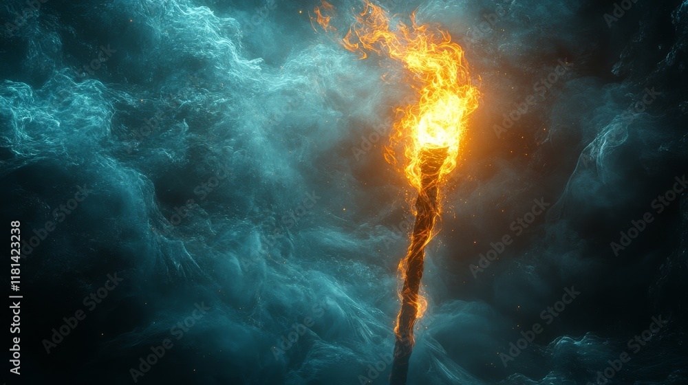 Fototapeta premium Flame ignites from a mystical torch surrounded by ethereal smoke in a dark setting