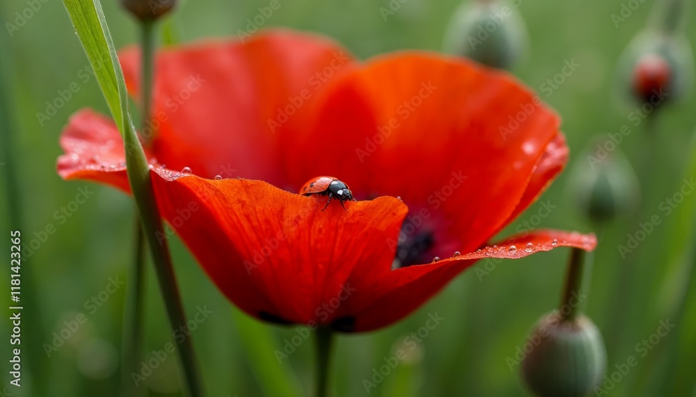Fototapeta premium Red Poppy Flower with Ladybug