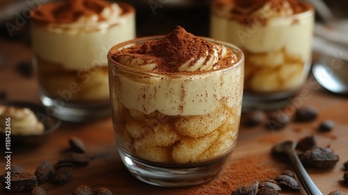 Creamy dessert with layers of cocoa and whipped cream served in glass at a co...
