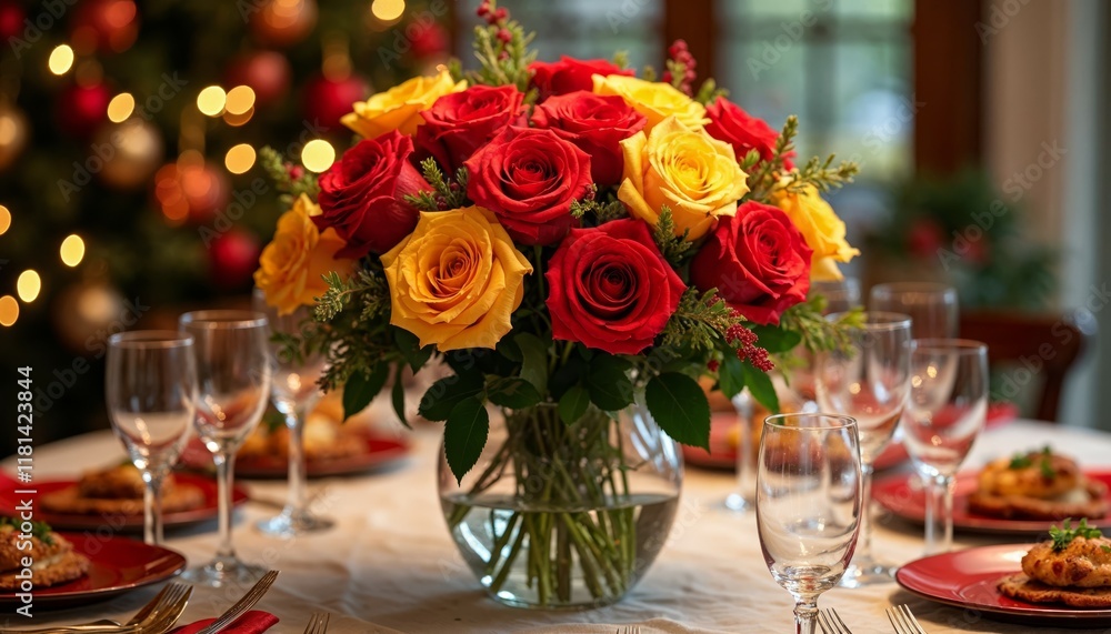 Red and Yellow Roses in a Glass Vase on a Festive Table Red and Yellow Roses in a Glass Vase on a Festive Table