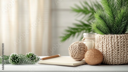 Workspace layout featuring a plant, notebook, and cup on a marble surface