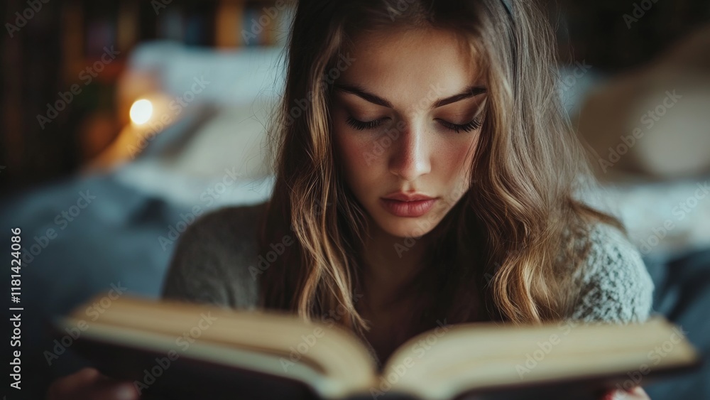Young woman reading a book on a cozy bed in soft light Young woman reading a book on a cozy bed in soft light