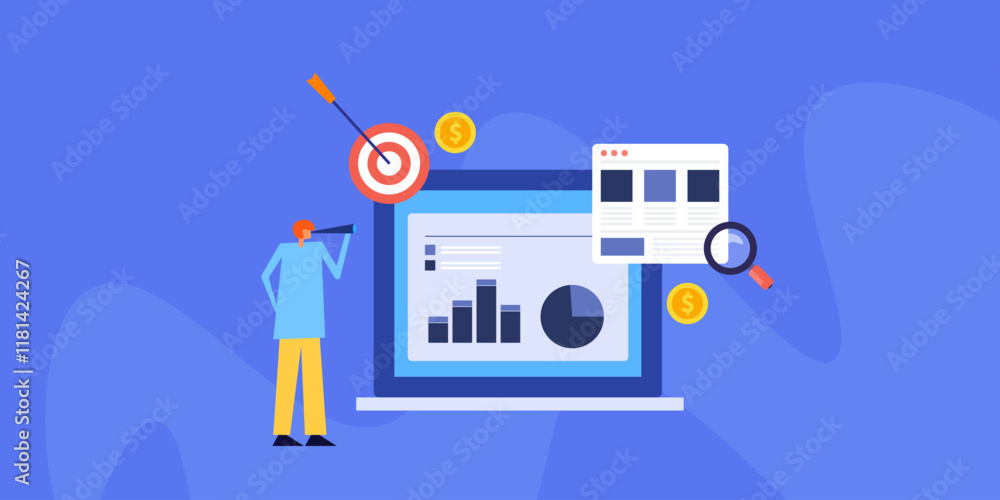 Website traffic, competitor data analytics, digital marketing trend monitoring concept, paid media and organic branding opportunity explore conceptual vector illustration. Website traffic, competitor data analytics, digital marketing trend monitoring concept, paid media and organic branding opportunity explore conceptual vector illustration.