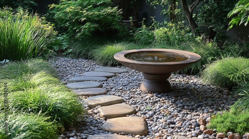 Serene garden with stone fountain surrounded by lush greenery and smooth pebb...