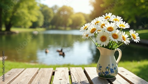 Daisy flowers in a pitcher by a pond. Summer nature scene. photo