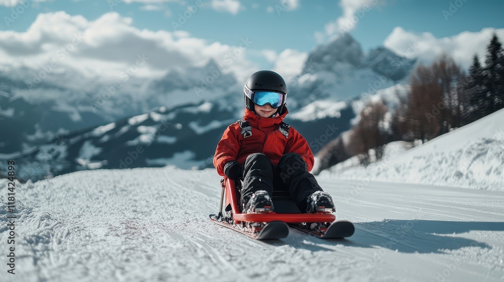 Boy with cerebral palsy skiing on adapted sled winter landscape stretching around him during descent Boy with cerebral palsy skiing on adapted sled winter landscape stretching around him during descent