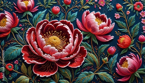 Peony Flowers on Embroidery Art