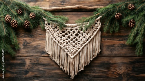 Macrame wall hanging decorated with pine branches and pinecones on wooden bac...