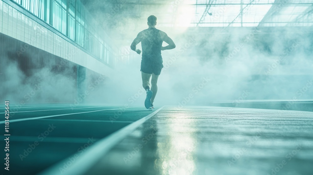 Fototapeta premium Runner sprints indoor track, smoky atmosphere.