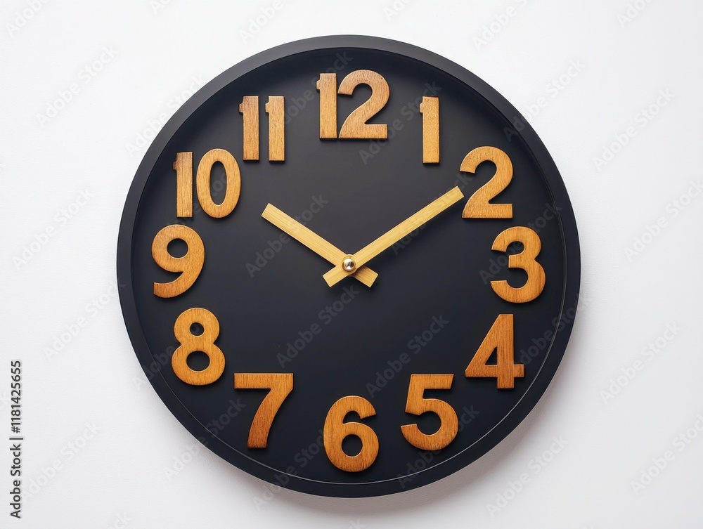Modern Wall Clock Design with Wooden Numbers on Black Background Modern Wall Clock Design with Wooden Numbers on Black Background