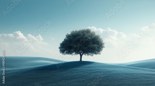 Solitary tree on a vast hill under a blue sky at dawn