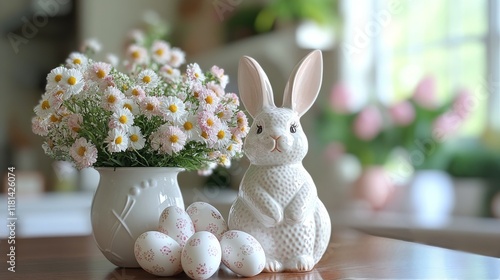 Elegant spring table setting with flowers and bunny decoration for festive ce...