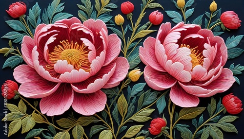 Peony Flowers on Embroidery Art